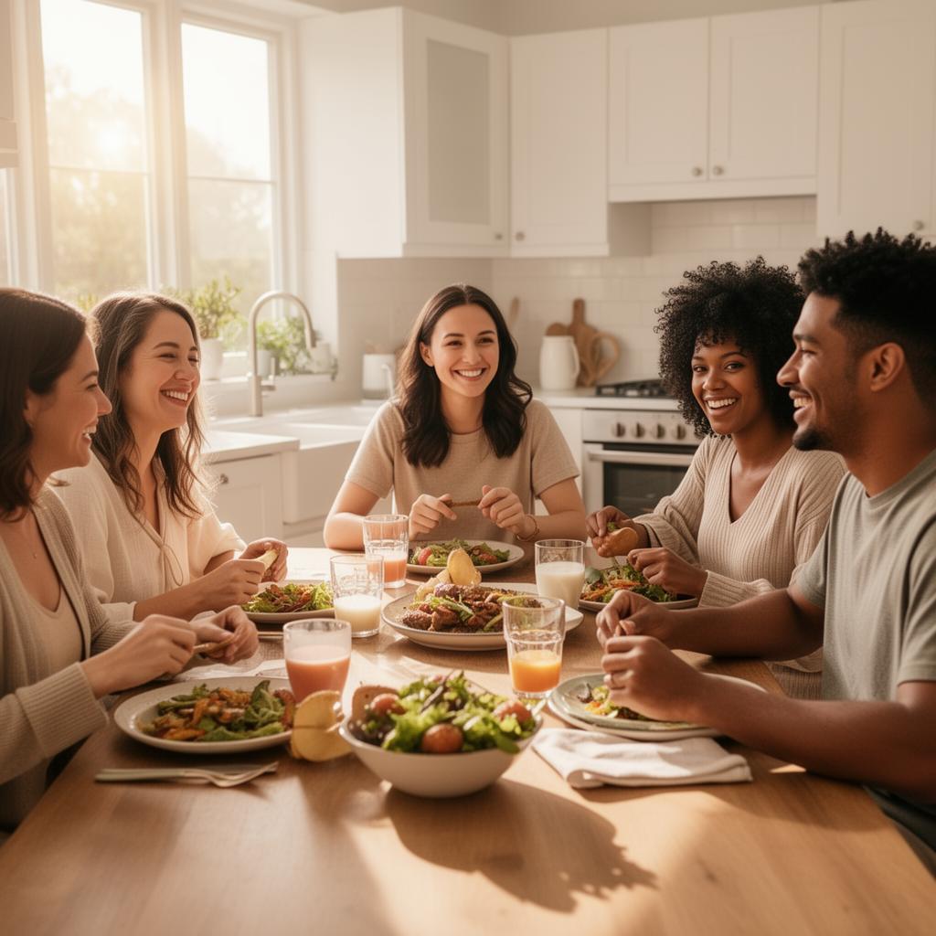 A blended, chosen family sharing a sunlit meal together