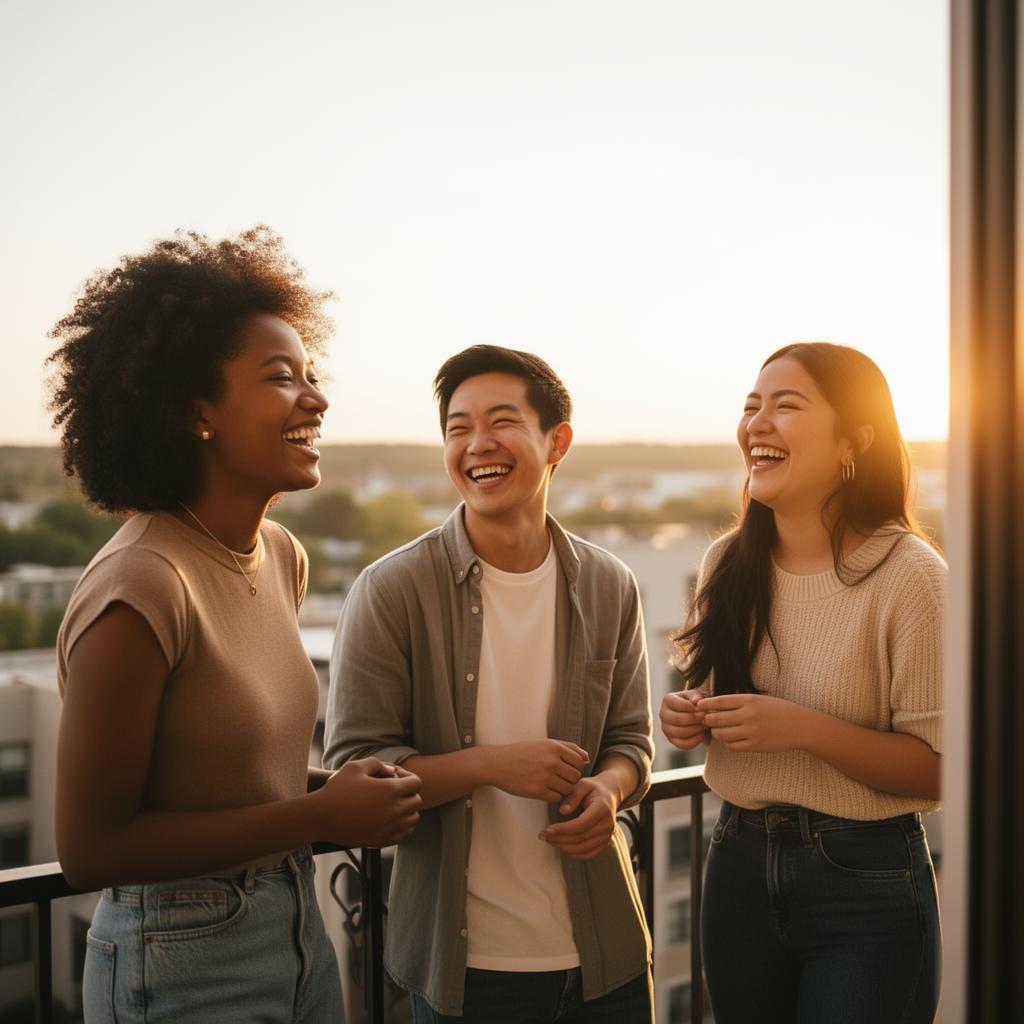 Diverse young adults laughing together at golden hour